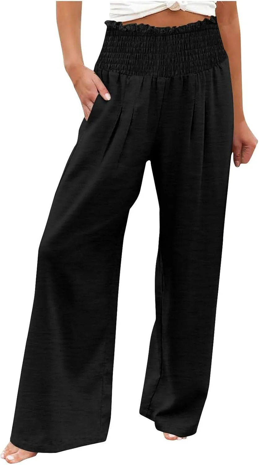 Womens Smocked High Waisted Linen Pants 2025 Casual Loose Wide Leg Palazzo Pants Flowy Beach Trousers with Pockets