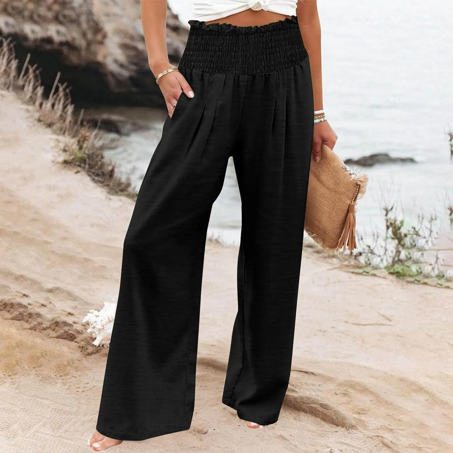 Womens Smocked High Waisted Linen Pants 2025 Casual Loose Wide Leg Palazzo Pants Flowy Beach Trousers with Pockets