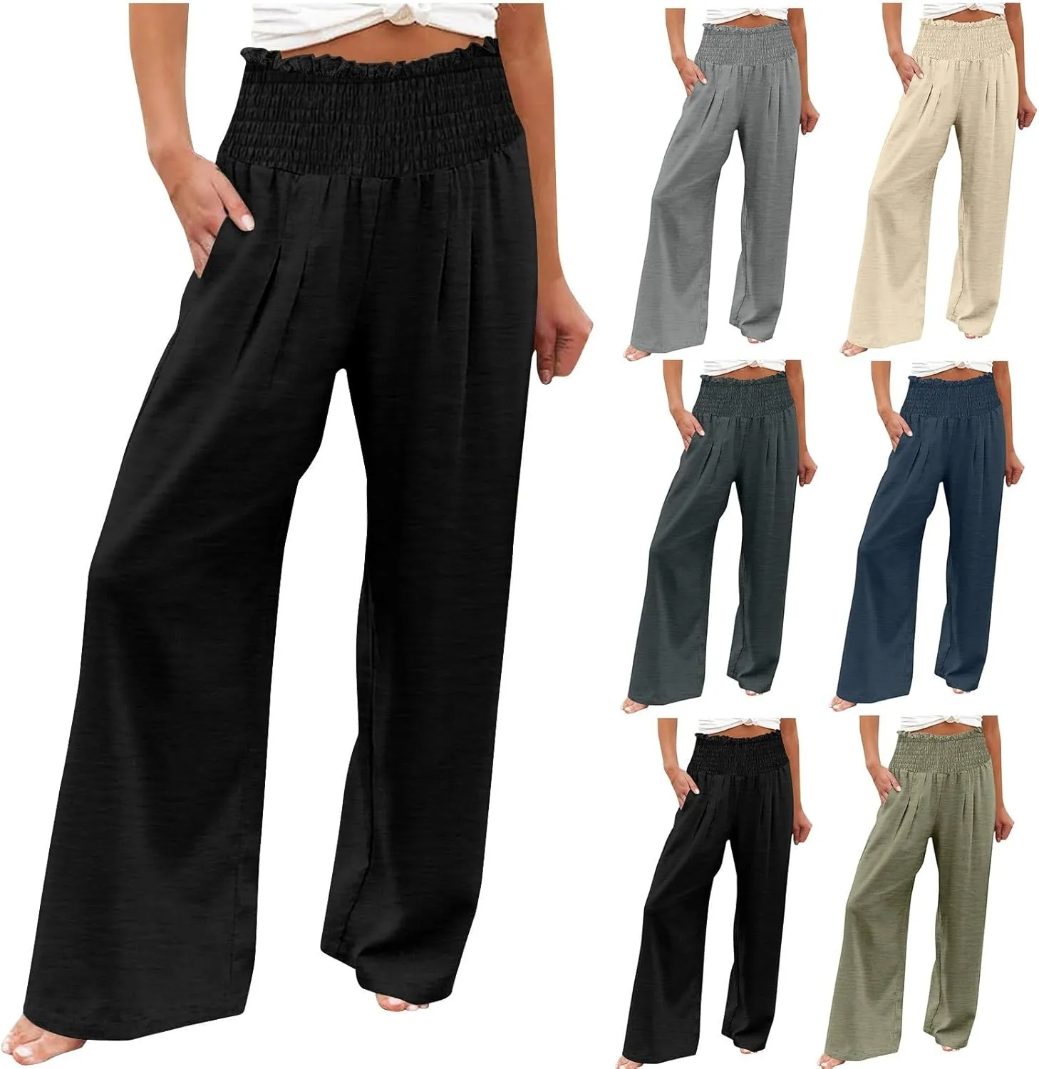 Womens Smocked High Waisted Linen Pants 2025 Casual Loose Wide Leg Palazzo Pants Flowy Beach Trousers with Pockets