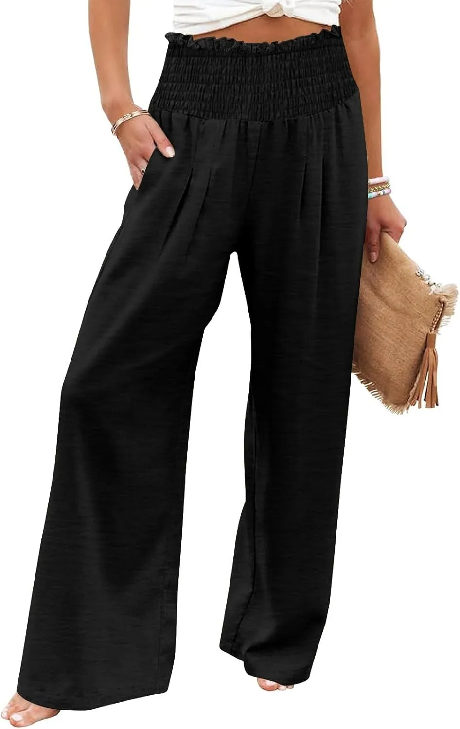 Womens Smocked High Waisted Linen Pants 2025 Casual Loose Wide Leg Palazzo Pants Flowy Beach Trousers with Pockets