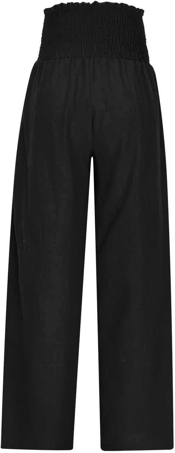 Womens Smocked High Waisted Linen Pants 2025 Casual Loose Wide Leg Palazzo Pants Flowy Beach Trousers with Pockets
