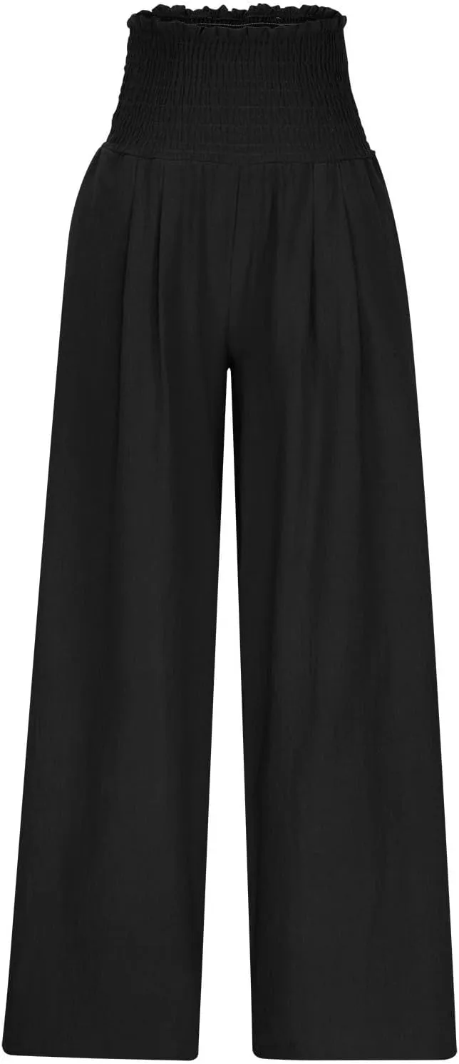 Womens Smocked High Waisted Linen Pants 2025 Casual Loose Wide Leg Palazzo Pants Flowy Beach Trousers with Pockets