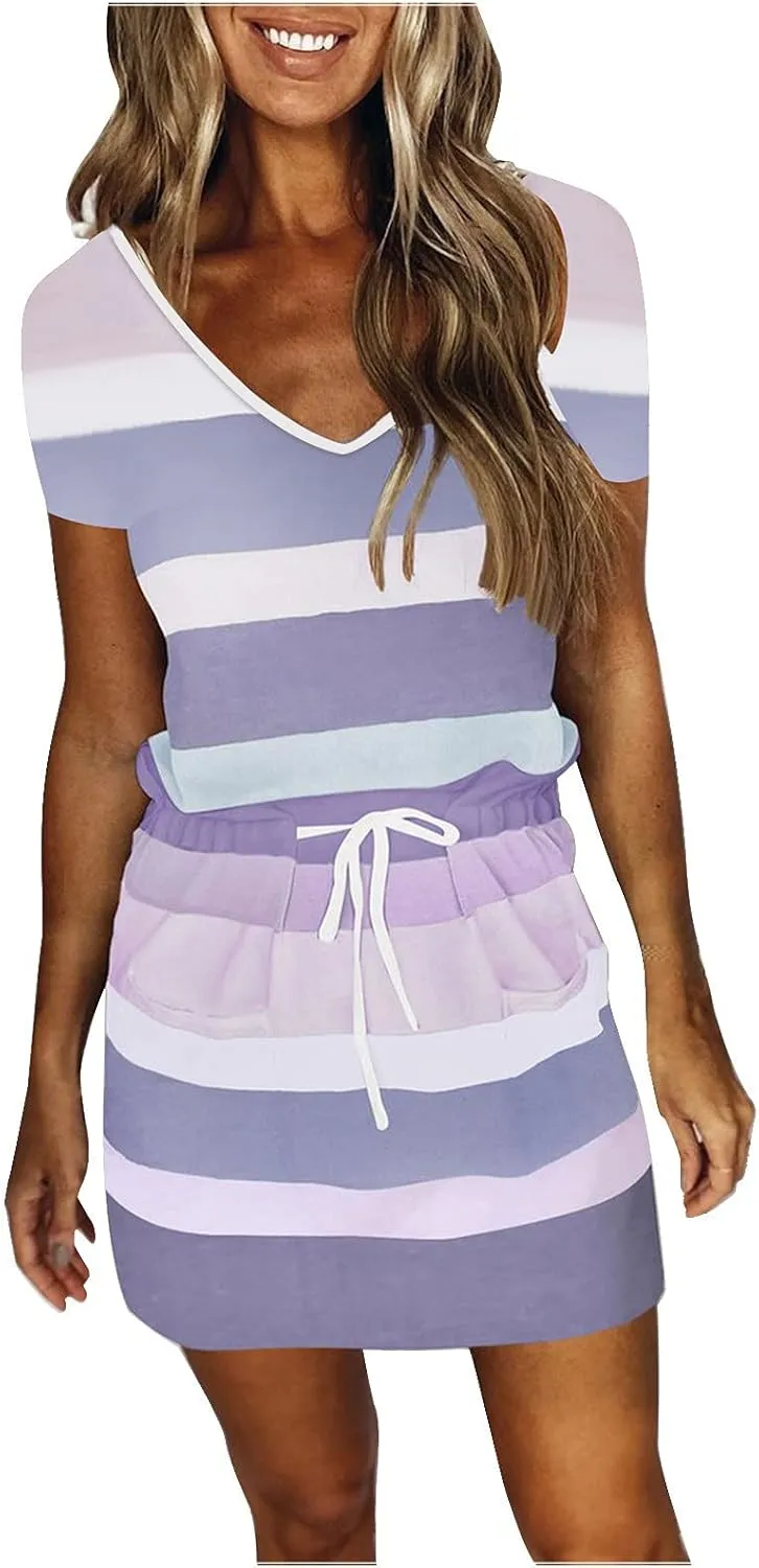 Women's Summer Casual Tank Dress Round-Neck Short Sleeve T-Shirts Dress Bandage Color Block Stripes Loose Sundresses