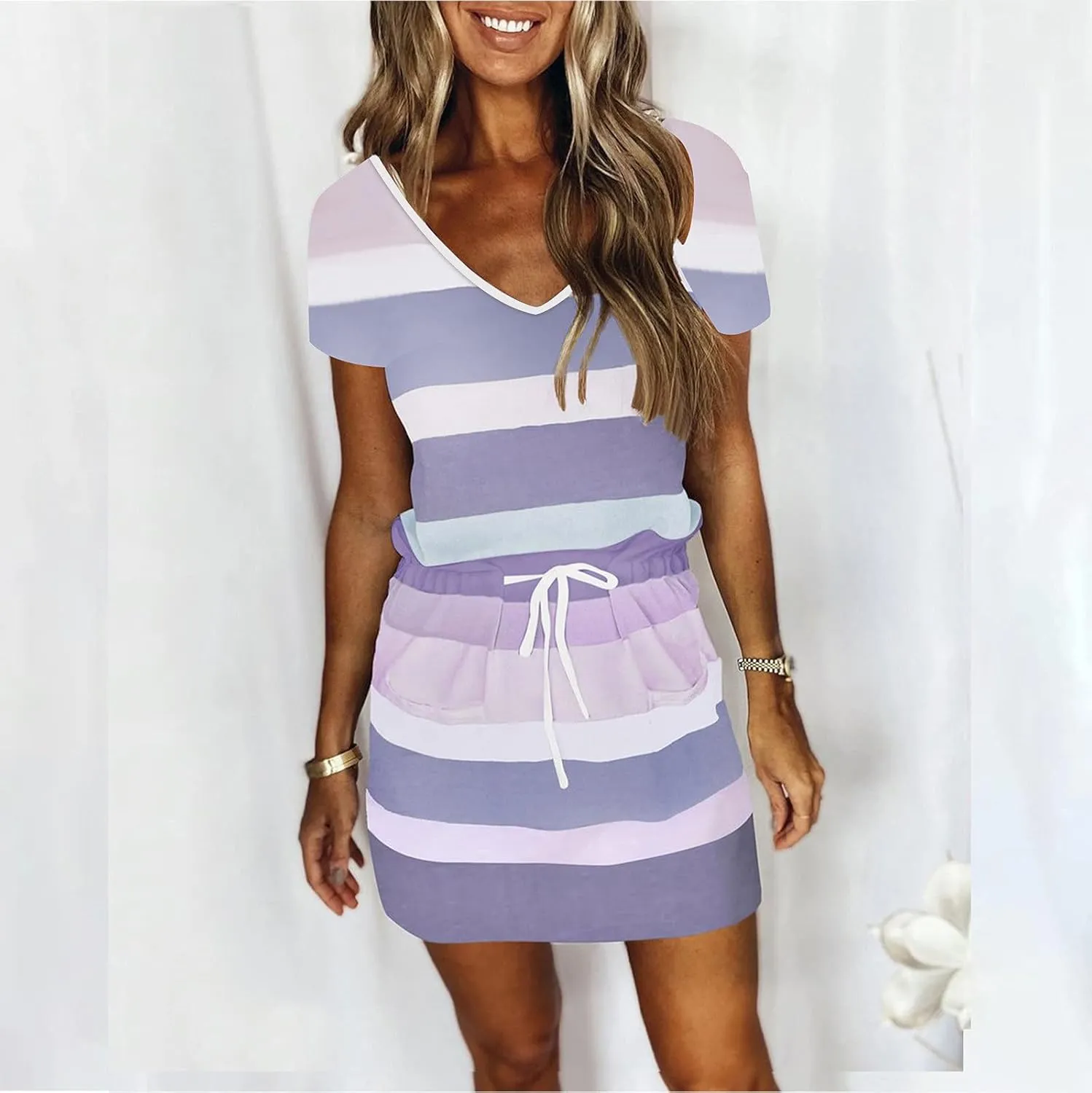 Women's Summer Casual Tank Dress Round-Neck Short Sleeve T-Shirts Dress Bandage Color Block Stripes Loose Sundresses