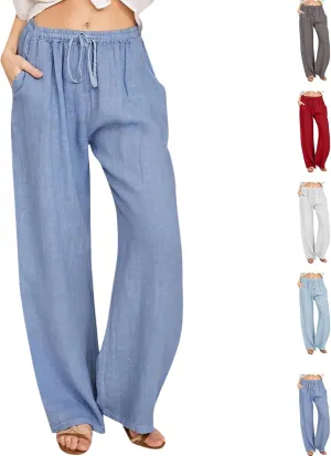 Women's Summer Drawstring Waist Pants Cotton Linen Loose Fit Palazzo Pants 2025 Boho Wide Leg Trousers with Pockets