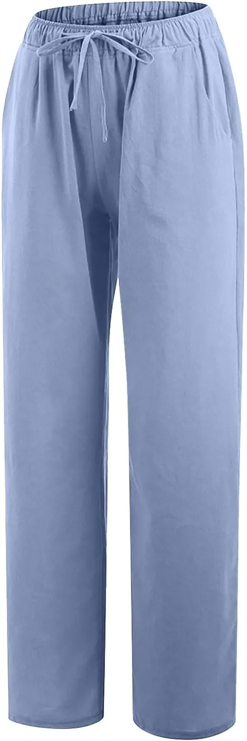 Women's Summer Drawstring Waist Pants Cotton Linen Loose Fit Palazzo Pants 2025 Boho Wide Leg Trousers with Pockets