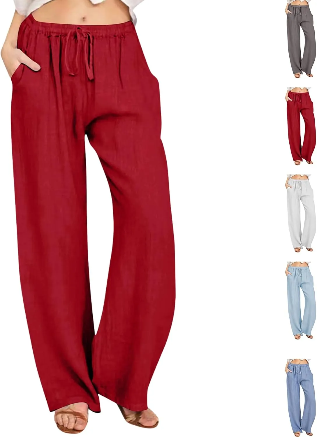 Women's Summer Drawstring Waist Pants Cotton Linen Loose Fit Palazzo Pants 2025 Boho Wide Leg Trousers with Pockets