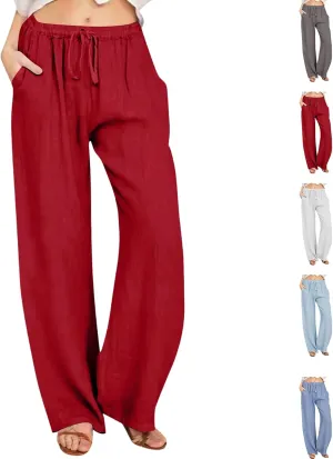 Women's Summer Drawstring Waist Pants Cotton Linen Loose Fit Palazzo Pants 2025 Boho Wide Leg Trousers with Pockets