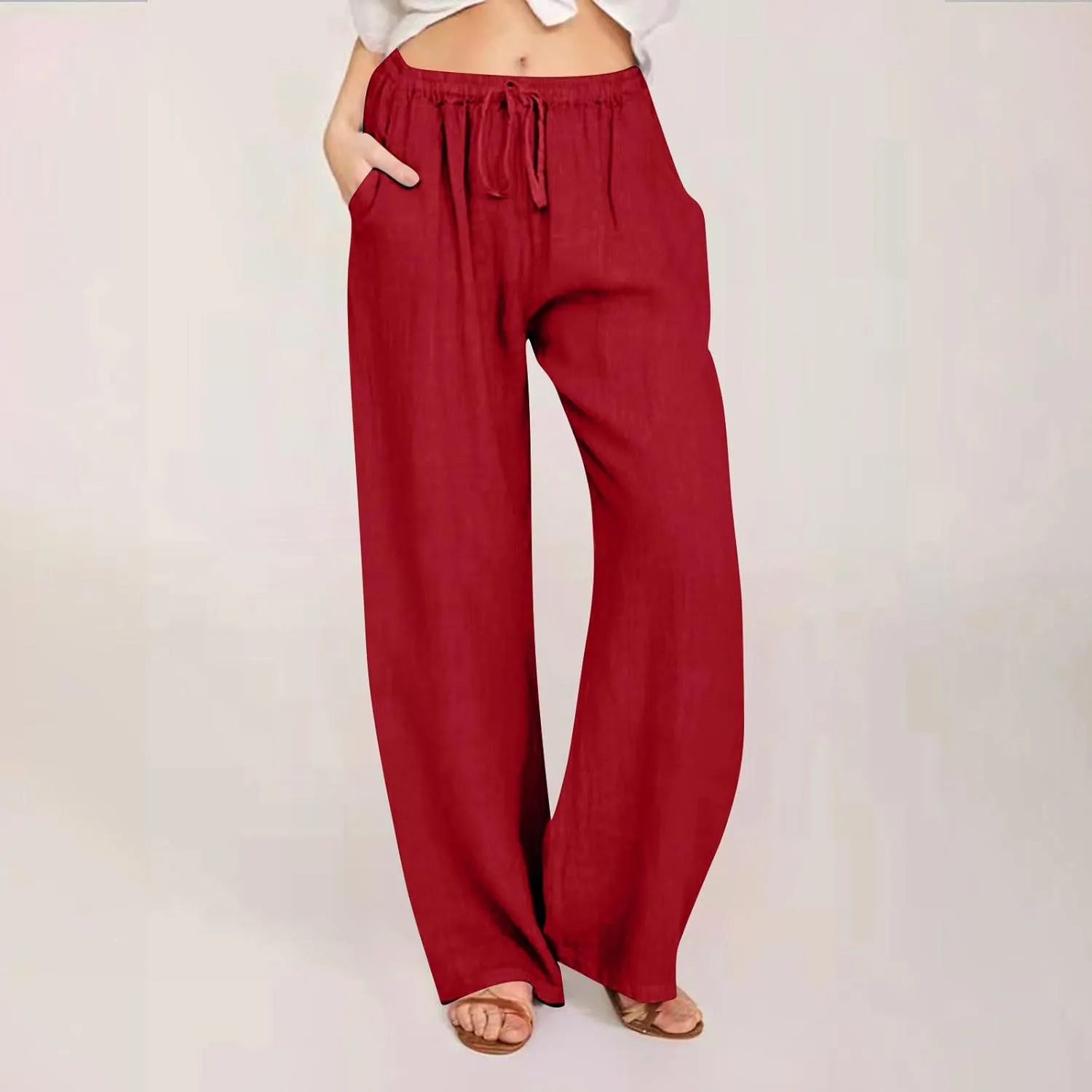 Women's Summer Drawstring Waist Pants Cotton Linen Loose Fit Palazzo Pants 2025 Boho Wide Leg Trousers with Pockets
