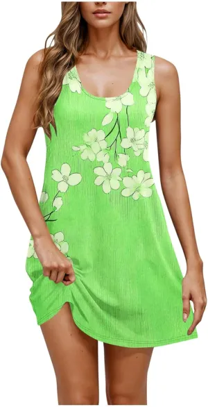 Women's Summer Dresses with Pockets Boho Floral T-Shirts Mini Dress Casual U Neck Loose Tank Dresses Swimsuit Coverup