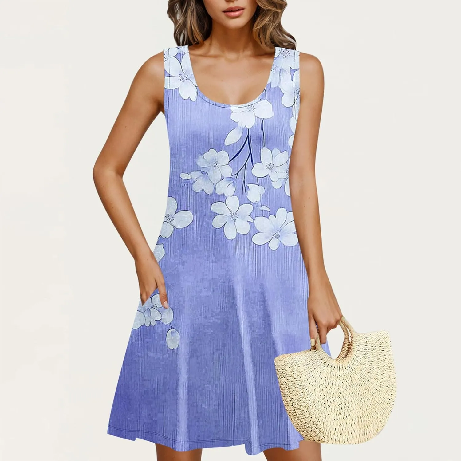 Women's Summer Dresses with Pockets Boho Floral T-Shirts Mini Dress Casual U Neck Loose Tank Dresses Swimsuit Coverup