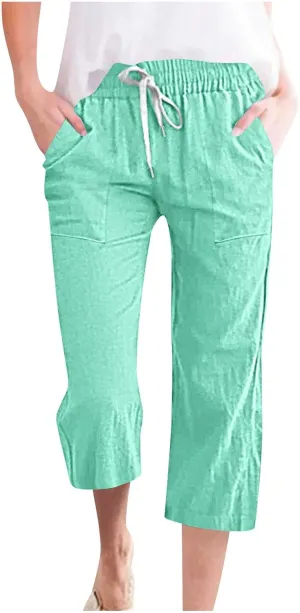 Womens Summer Linen Pants 2025 High Waisted Wide Leg Yoga Pants Lightweight Travel Loose Capris Cropped Trousers