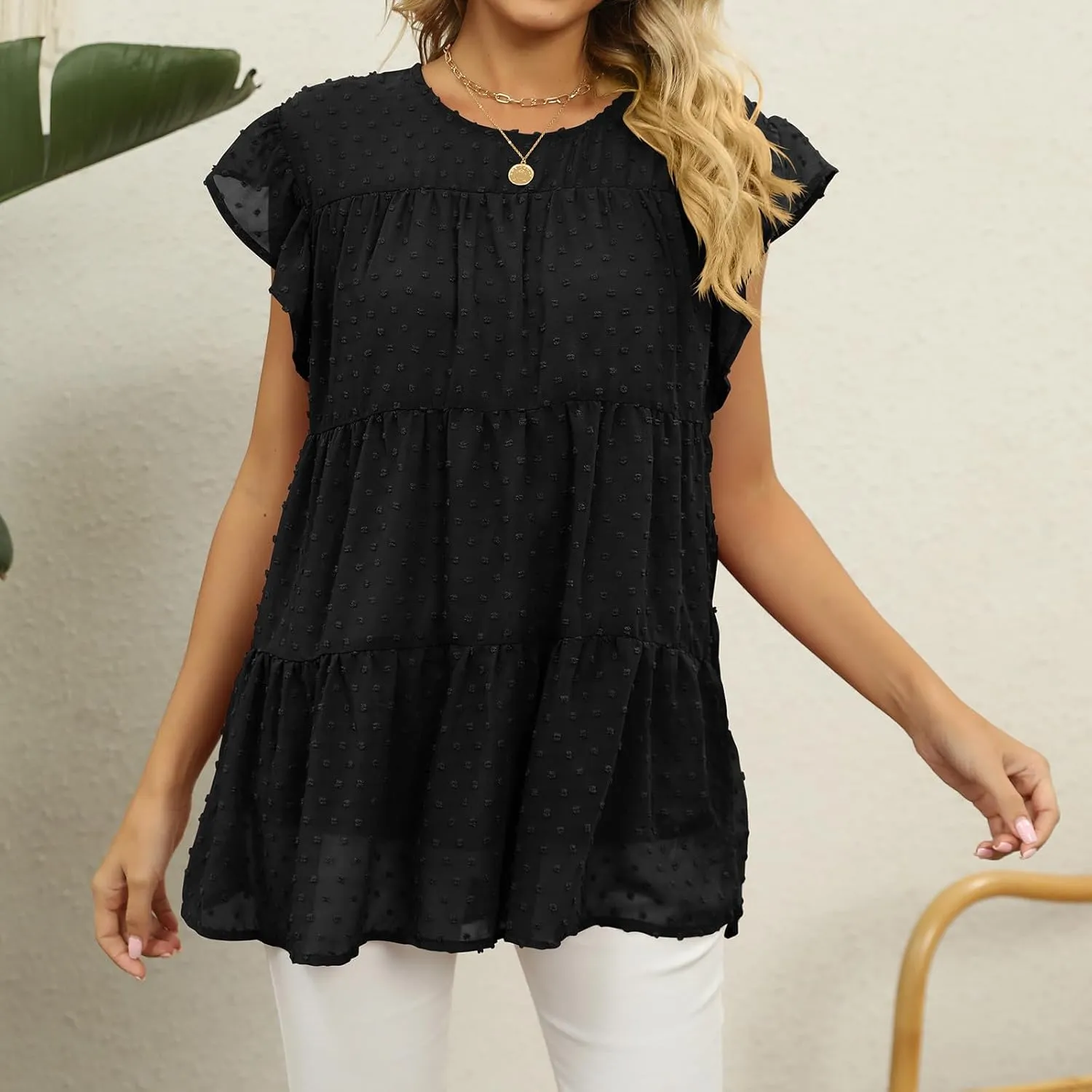 Womens Summer Tops Ruffle Sleeve T Shirts Crewneck Short Sleeve Plain Basic Tees Ladies Trendy Casual Dressy
