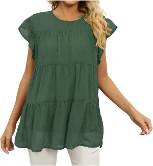 Womens Summer Tops Ruffle Sleeve T Shirts Crewneck Short Sleeve Plain Basic Tees Ladies Trendy Casual Dressy