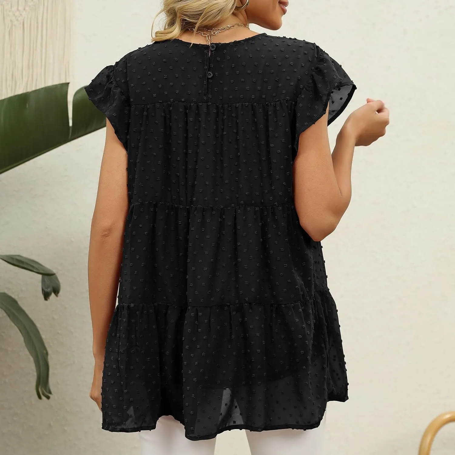 Womens Summer Tops Ruffle Sleeve T Shirts Crewneck Short Sleeve Plain Basic Tees Ladies Trendy Casual Dressy