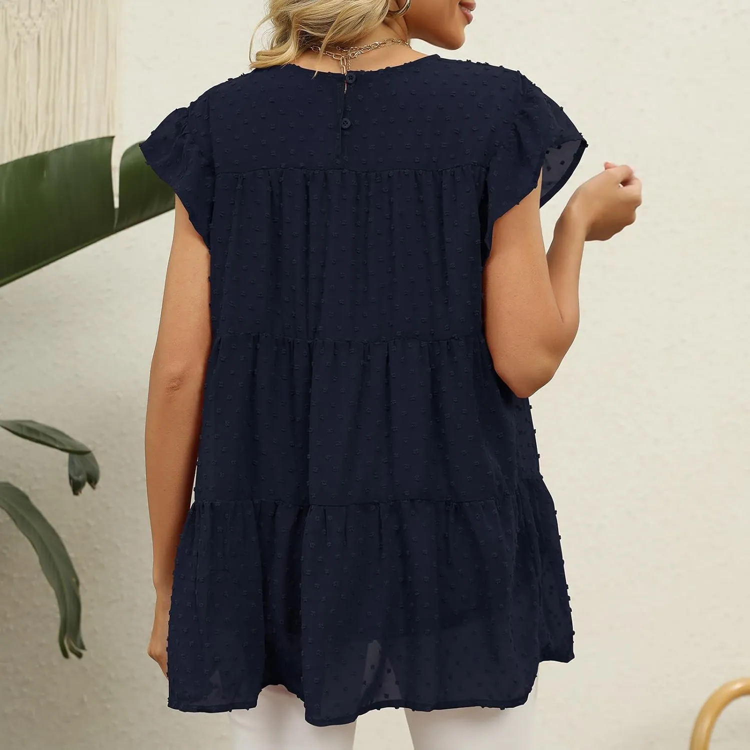 Womens Summer Tops Ruffle Sleeve T Shirts Crewneck Short Sleeve Plain Basic Tees Ladies Trendy Casual Dressy
