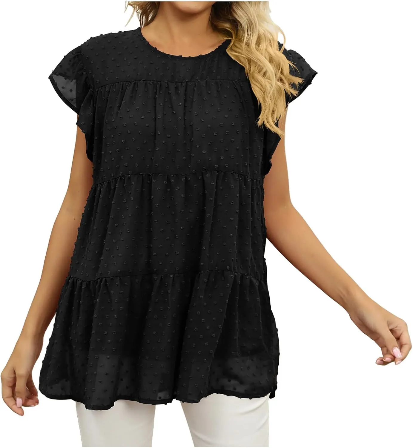Womens Summer Tops Ruffle Sleeve T Shirts Crewneck Short Sleeve Plain Basic Tees Ladies Trendy Casual Dressy