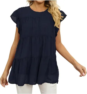 Womens Summer Tops Ruffle Sleeve T Shirts Crewneck Short Sleeve Plain Basic Tees Ladies Trendy Casual Dressy