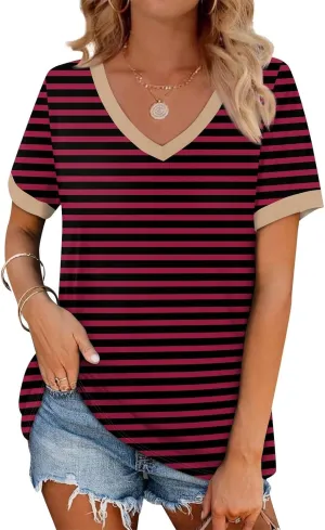 Womens Tops Short Sleeve Striped V Neck T Shirts Loose Fit Casual Basic Tees 2024 Daily Trendy Summer Tops