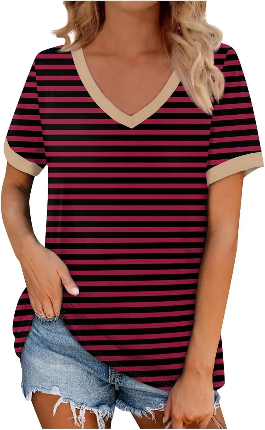 Womens Tops Short Sleeve Striped V Neck T Shirts Loose Fit Casual Basic Tees 2024 Daily Trendy Summer Tops