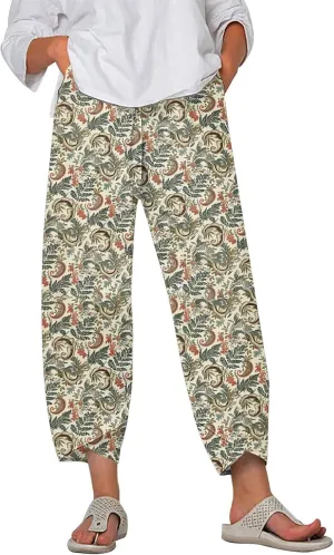 Womens Wide Leg Cotton Linen Pants Summer Casual Palazzo Cropped Pants Loose Elastic Waist Capri Trousers with Pockets