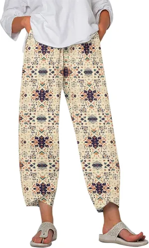 Womens Wide Leg Cotton Linen Pants Summer Casual Palazzo Cropped Pants Loose Elastic Waist Capri Trousers with Pockets