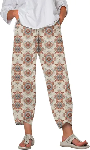 Womens Wide Leg Cotton Linen Pants Summer Casual Palazzo Cropped Pants Loose Elastic Waist Capri Trousers with Pockets