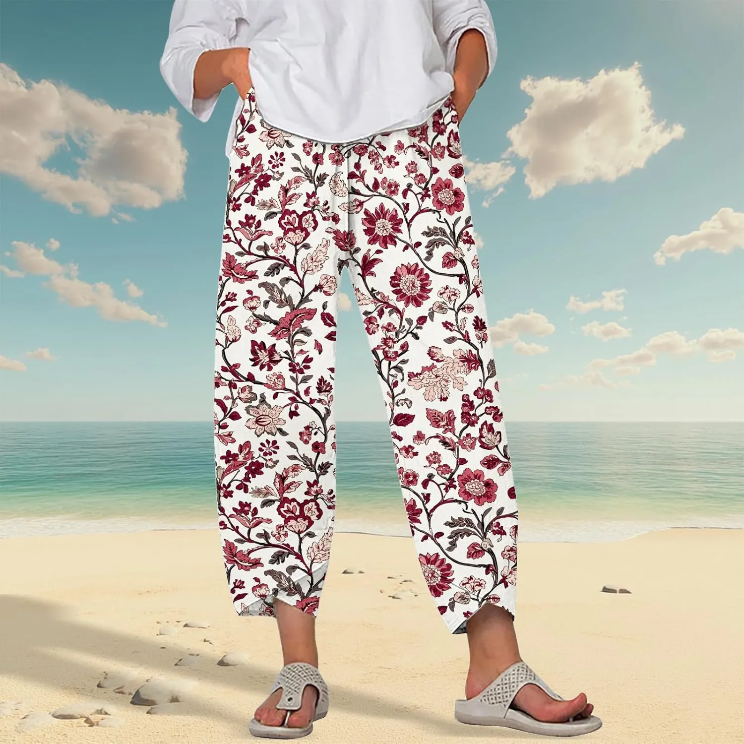 Womens Wide Leg Cotton Linen Pants Summer Casual Palazzo Cropped Pants Loose Elastic Waist Capri Trousers with Pockets
