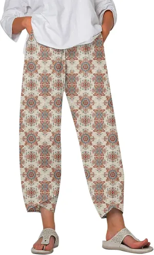 Womens Wide Leg Cotton Linen Pants Summer Casual Palazzo Cropped Pants Loose Elastic Waist Capri Trousers with Pockets