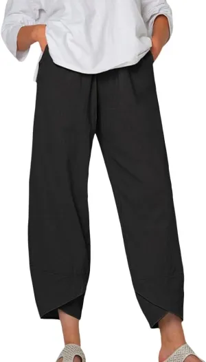Womens Wide Leg Cotton Linen Pants Summer Casual Palazzo Cropped Pants Loose Elastic Waist Capri Trousers with Pockets