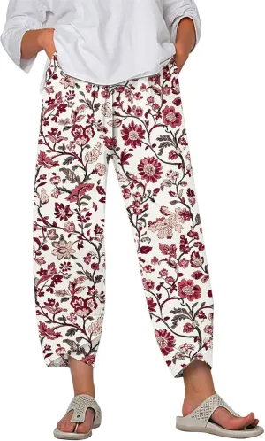 Womens Wide Leg Cotton Linen Pants Summer Casual Palazzo Cropped Pants Loose Elastic Waist Capri Trousers with Pockets