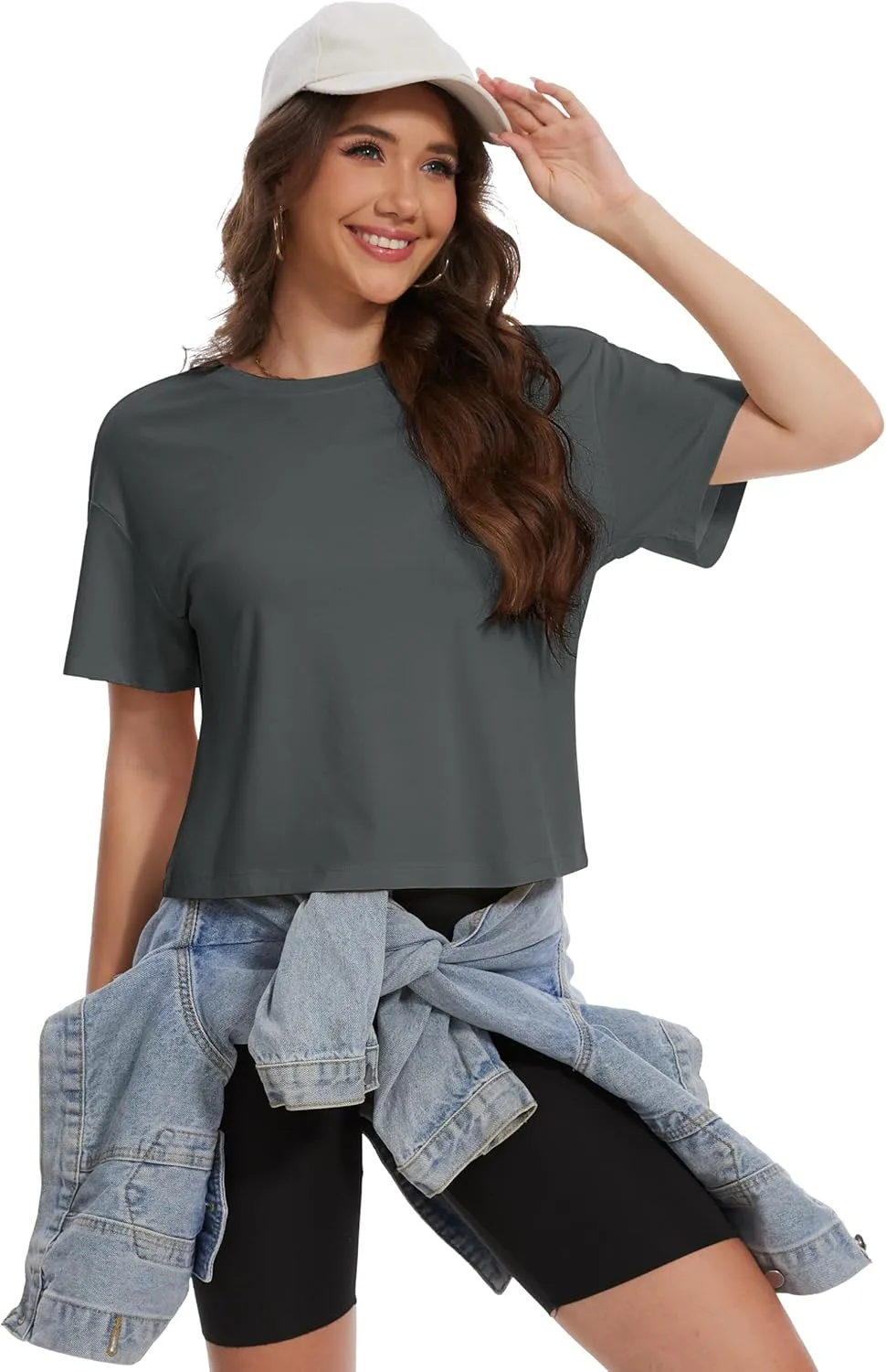 YUCOLEN Women's Crop Tops Summer Short Sleeve Cotton UPF 50  Round Neck Casual Loose Cropped T-Shirts Solid Basic Tees