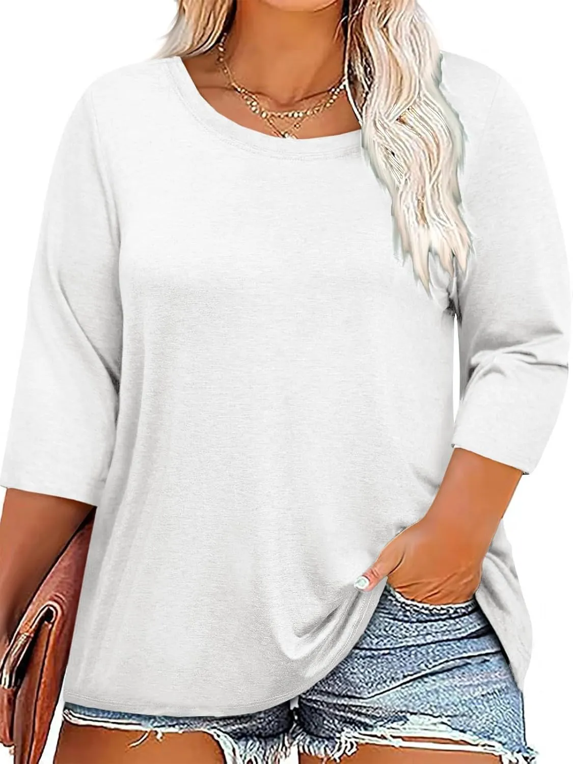 ZDC Women's Plus Size Tops 3/4 Sleeve Crew Neck T Shirts Loose Fit Tee Tunic Casual Blouse