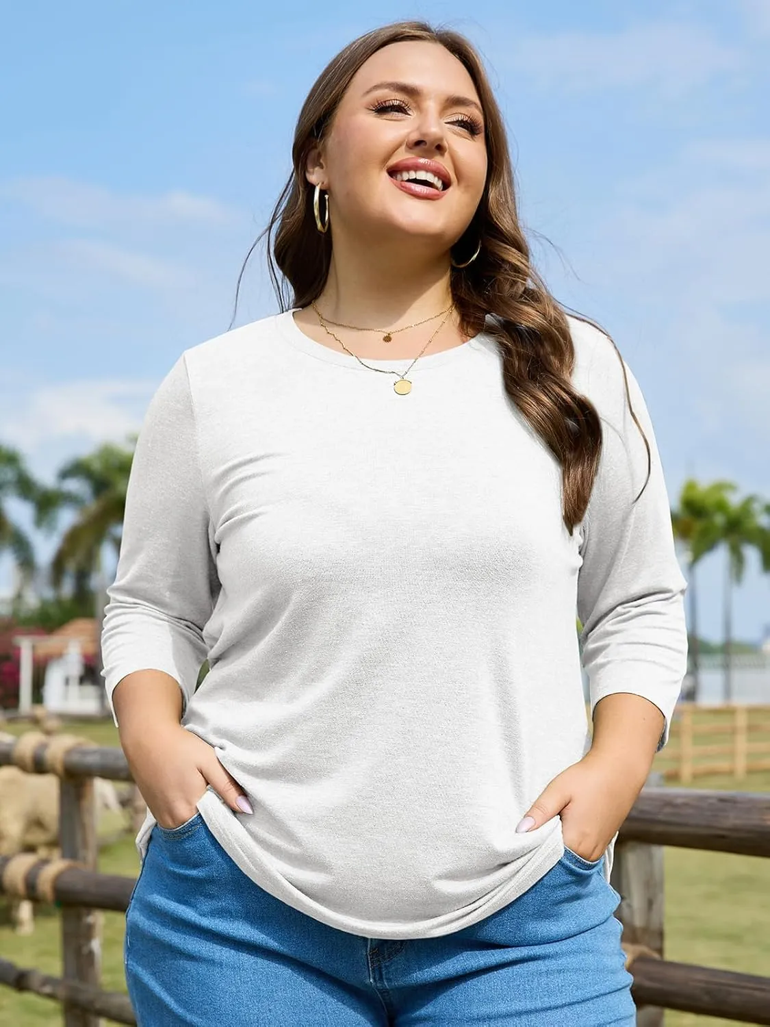ZDC Women's Plus Size Tops 3/4 Sleeve Crew Neck T Shirts Loose Fit Tee Tunic Casual Blouse