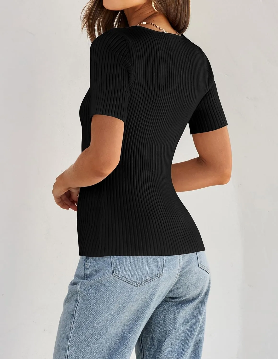 ZESICA Women's 2025 Short Sleeve Square Neck T Shirts Slim Fitted Summer Ribbed Knit Basic Casual Tee Tops