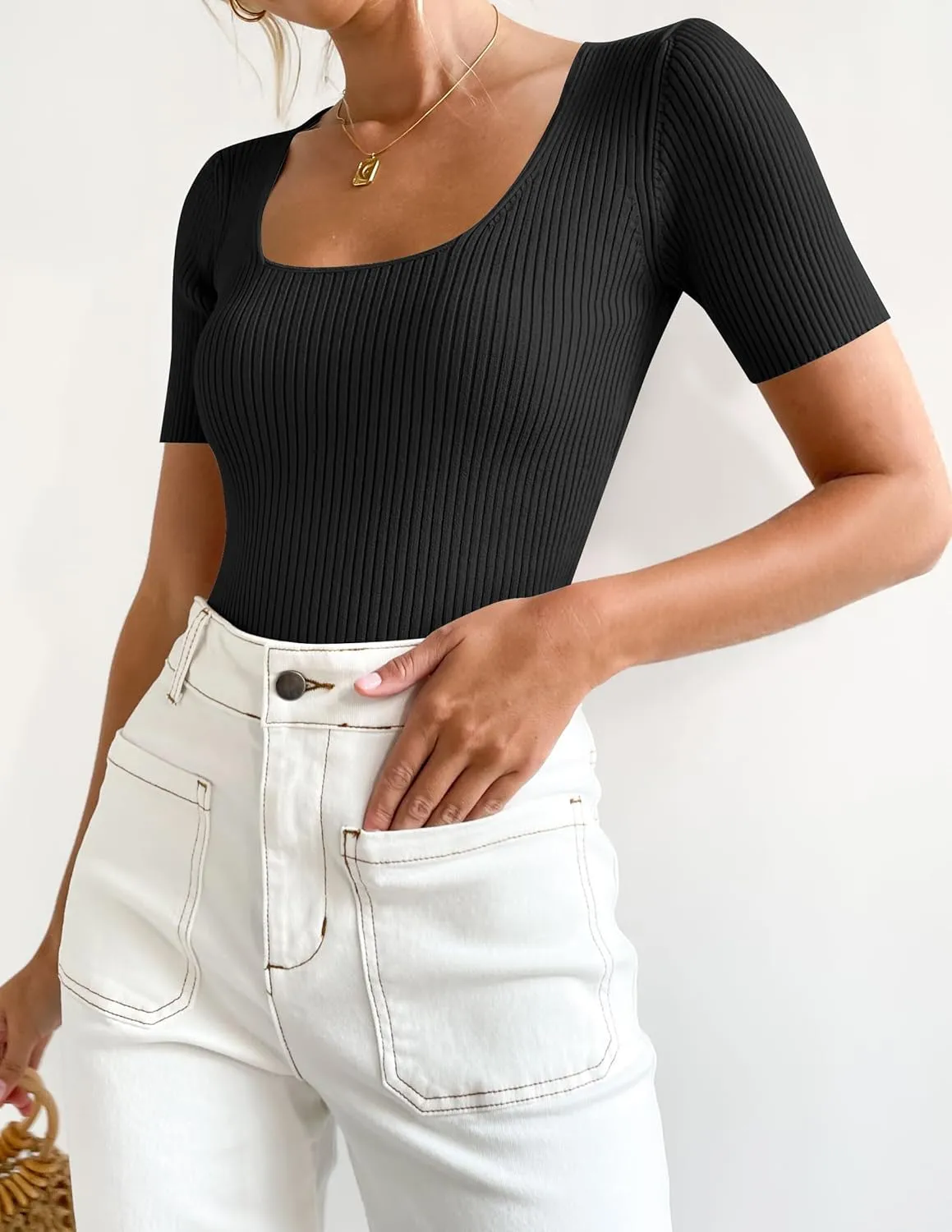 ZESICA Women's 2025 Short Sleeve Square Neck T Shirts Slim Fitted Summer Ribbed Knit Basic Casual Tee Tops