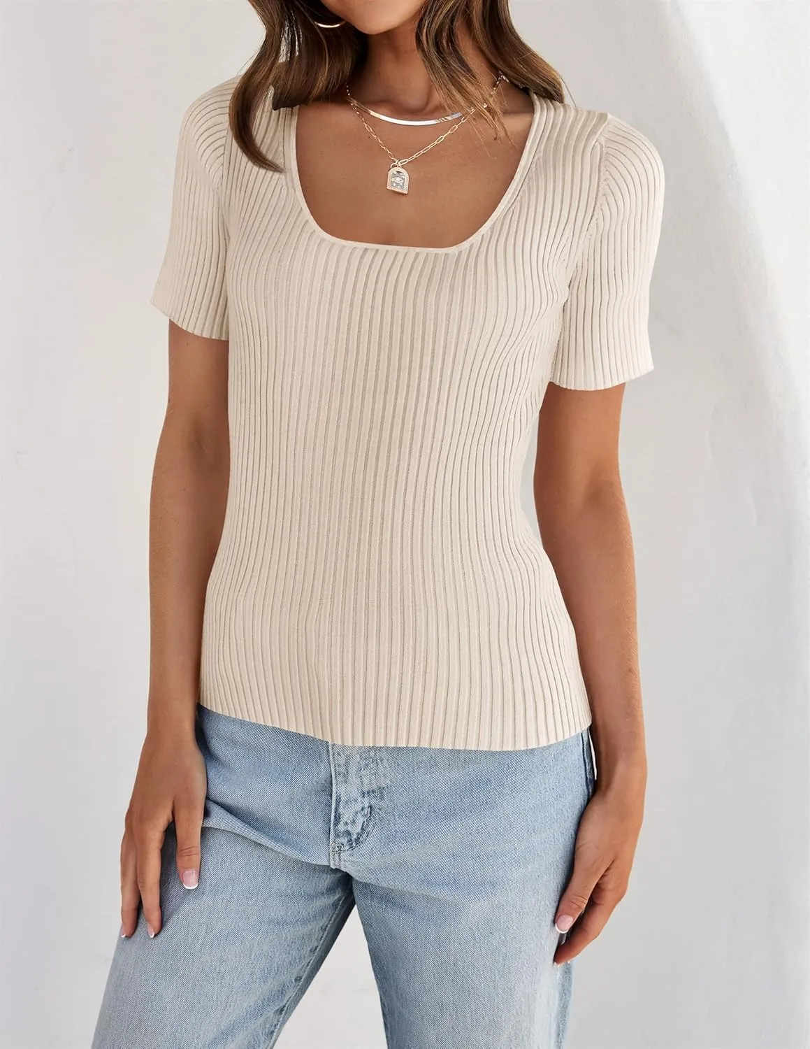 ZESICA Women's 2025 Short Sleeve Square Neck T Shirts Slim Fitted Summer Ribbed Knit Basic Casual Tee Tops