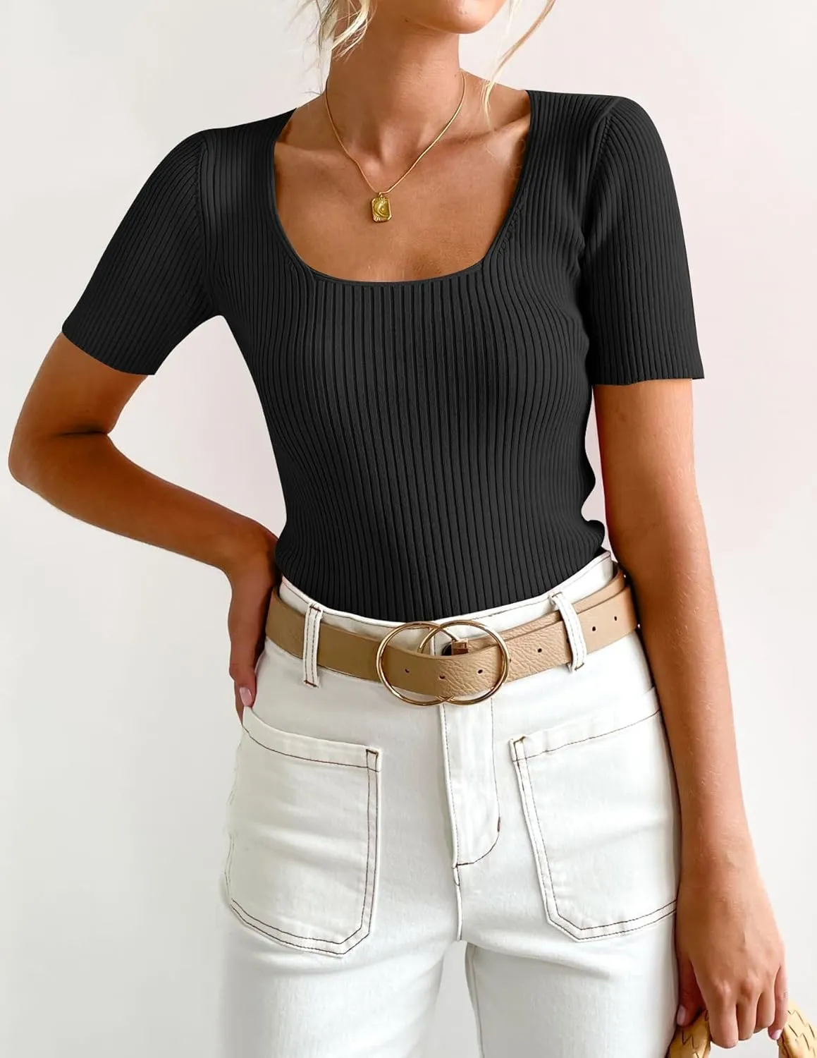 ZESICA Women's 2025 Short Sleeve Square Neck T Shirts Slim Fitted Summer Ribbed Knit Basic Casual Tee Tops