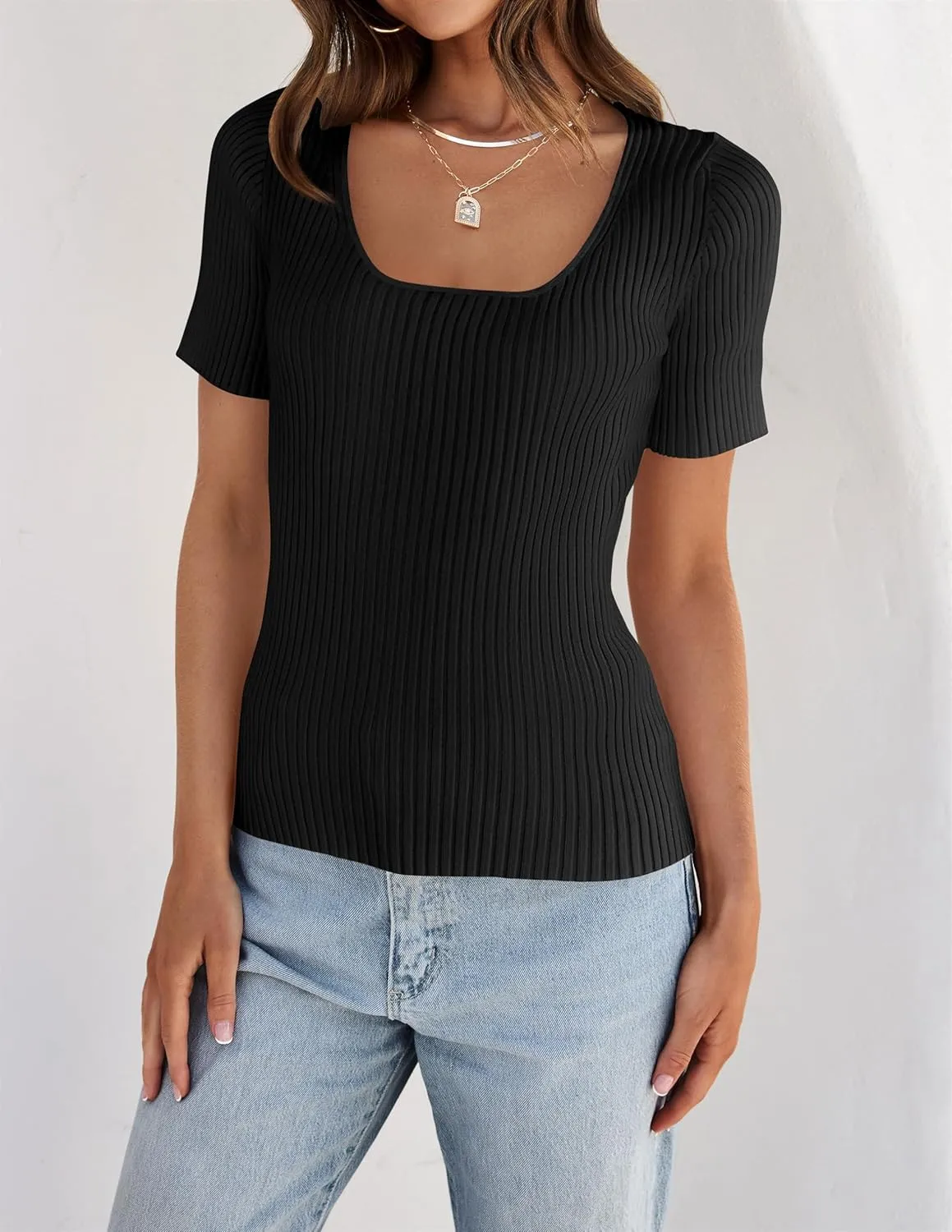 ZESICA Women's 2025 Short Sleeve Square Neck T Shirts Slim Fitted Summer Ribbed Knit Basic Casual Tee Tops