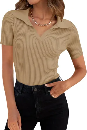 ZESICA Women's Short Sleeve V Neck T Shirts 2025 Summer Ribbed Knit Slim Fitted Basic Solid Color Tee Tops