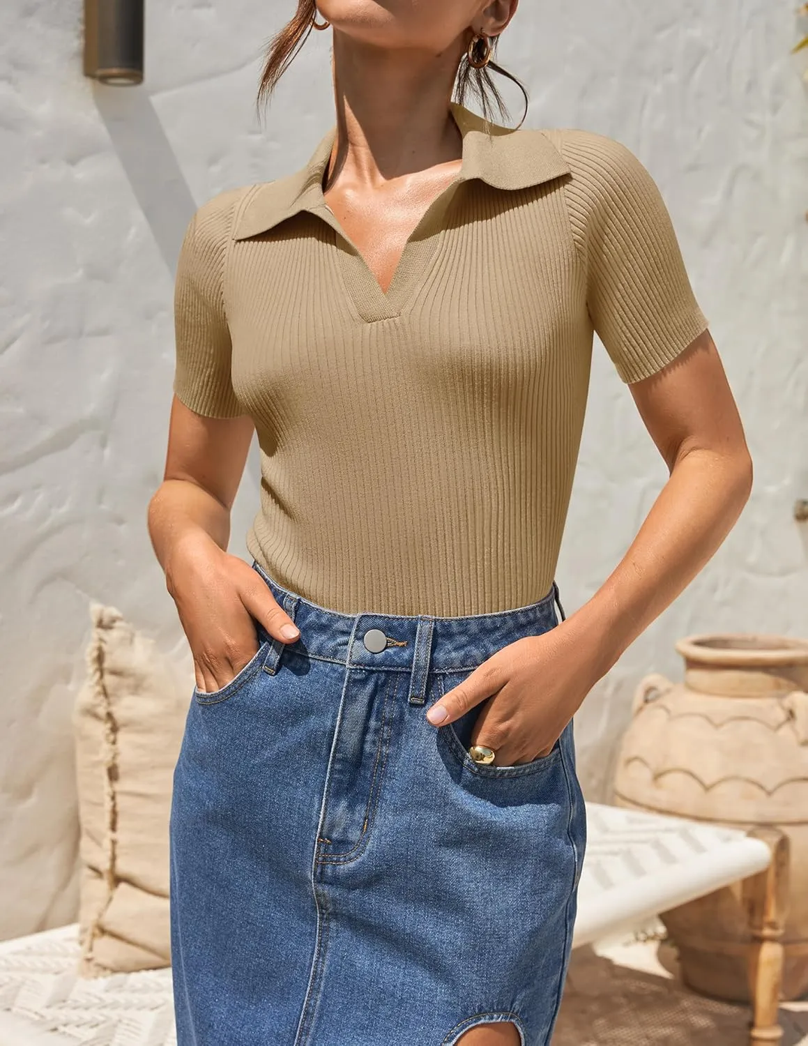 ZESICA Women's Short Sleeve V Neck T Shirts 2025 Summer Ribbed Knit Slim Fitted Basic Solid Color Tee Tops