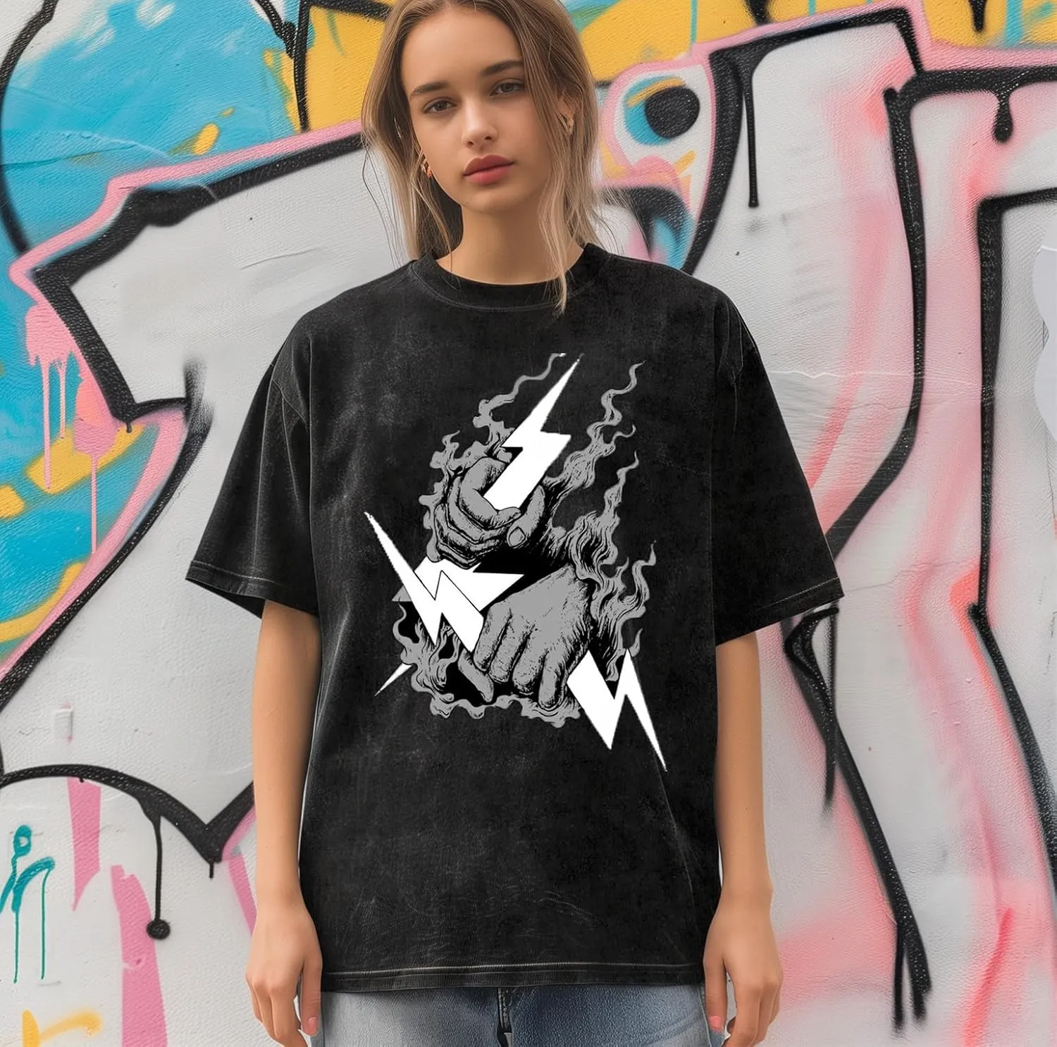 Zeus-Mens Cotton Wash Solid Oversized T-Shirts for Streetwear Graphic Tees Baggy Hip Hop Unisex Tee Tops