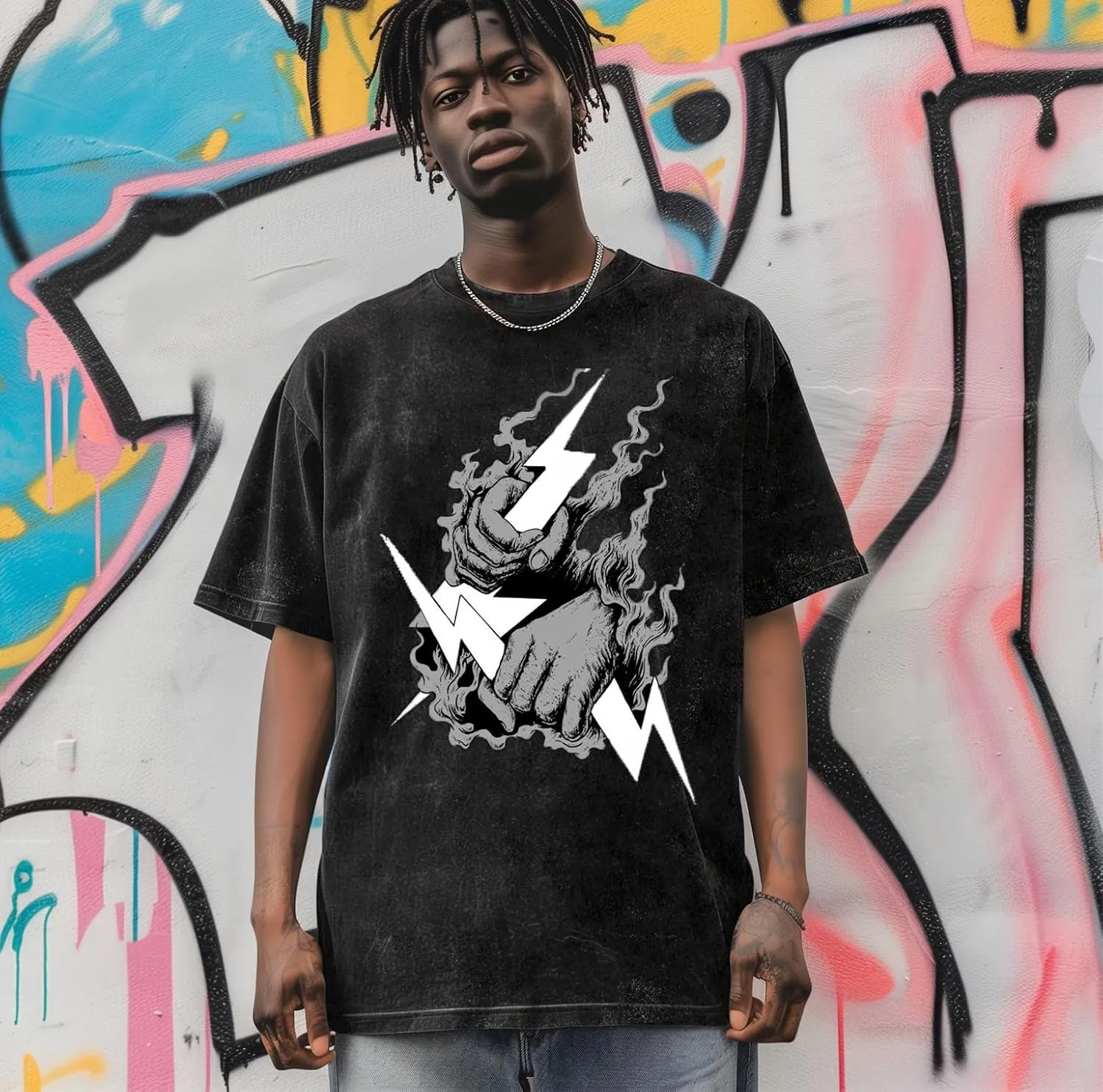 Zeus-Mens Cotton Wash Solid Oversized T-Shirts for Streetwear Graphic Tees Baggy Hip Hop Unisex Tee Tops