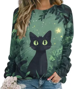 ZOCAVIA Womens Funny Cat Sweatshirts Fall Casual Crewneck Pullover Tops Vintage Forest Graphic Long Sleeve T Shirts Oversized
