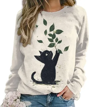 ZOCAVIA Womens Funny Cat Sweatshirts Fall Casual Crewneck Pullover Tops Vintage Forest Graphic Long Sleeve T Shirts Oversized