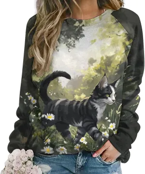 ZOCAVIA Womens Funny Cat Sweatshirts Fall Casual Crewneck Pullover Tops Vintage Forest Graphic Long Sleeve T Shirts Oversized