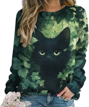 ZOCAVIA Womens Funny Cat Sweatshirts Fall Casual Crewneck Pullover Tops Vintage Forest Graphic Long Sleeve T Shirts Oversized