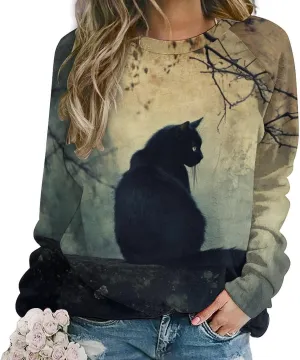 ZOCAVIA Womens Funny Cat Sweatshirts Fall Casual Crewneck Pullover Tops Vintage Forest Graphic Long Sleeve T Shirts Oversized