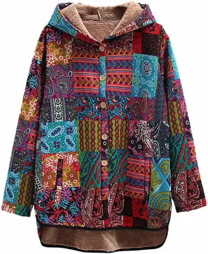 ZYXTIM Women Warm Coat Jacket Ethnic Boho Print Long Sleeves Flannel Lining Winter Overcoat Hooded Parka Outwear Christmas